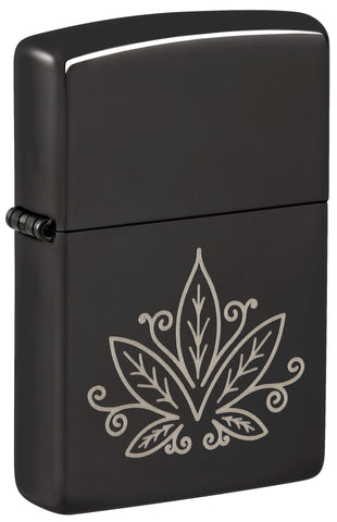 Front view of ˫ Cannabis Design High Polish Black Windproof Lighter standing at a 3/4 angle.